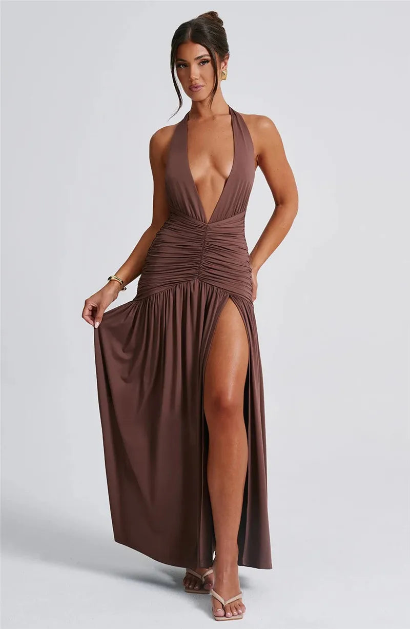 Open Back Solid Thigh High Split Long Dress Mssaz Desses