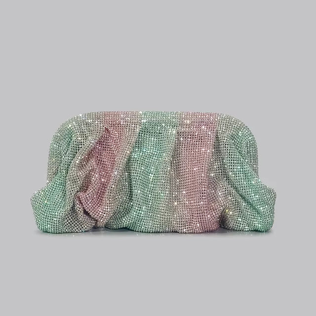 Shinny Ruched Rhinestone Designer Gradient Hearts Pattern Clucth Bag Mssza
