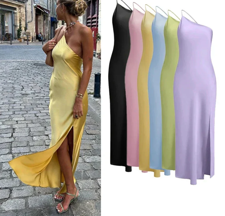 Backless Satin Slant Shoulder Solid Slit Long Dress Mssaz Desses