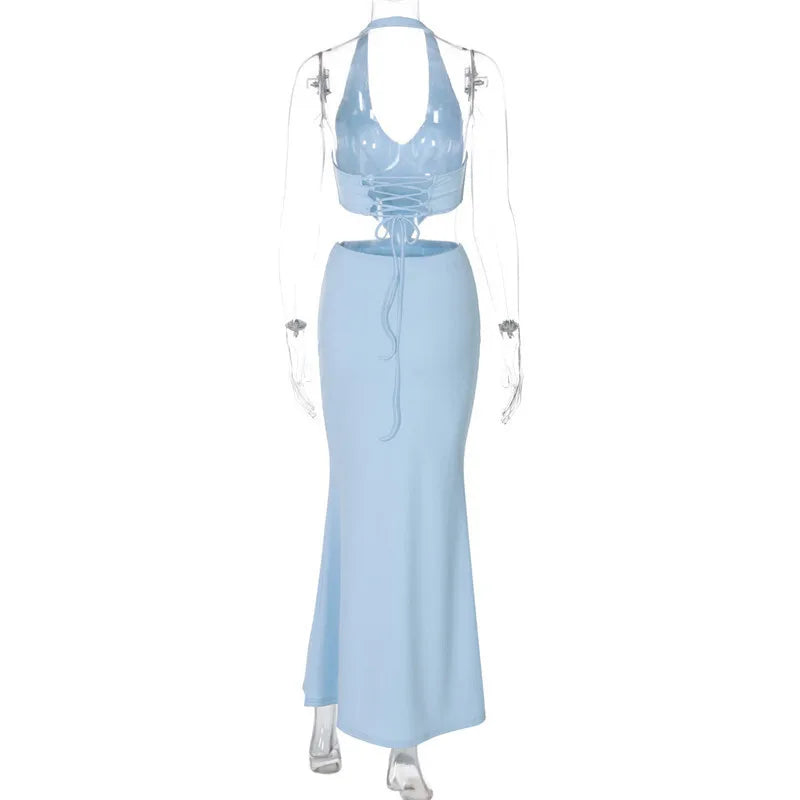 Halter Backless Blue Lace-up Maxi Dress Mssaz Desses