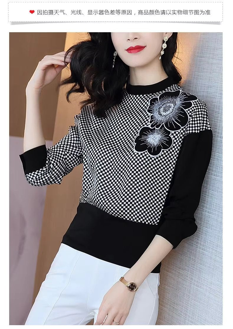 Elegant O-Neck Patchwork Embroidery Screw Thread Loose Casual Long Sleeve Top Mssza