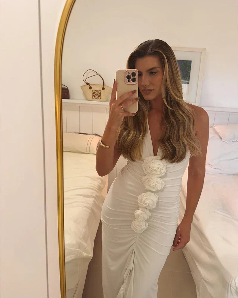 White Floral Halter Sleeveless Ruffled Long Dress Mssaz Desses