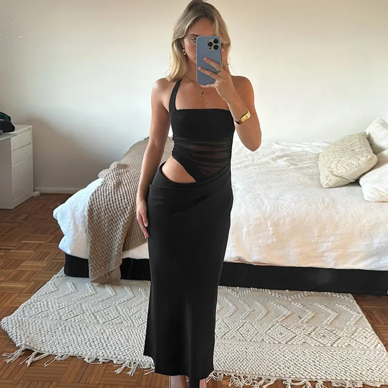 Mesh Patchwork Backless Halter Bodycon Gown Mssaz Desses
