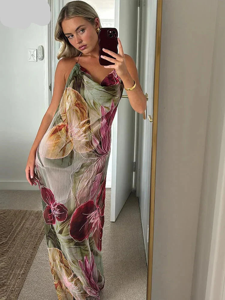 Floral Print Backless Halter Dress with Split for Women Mssaz Desses