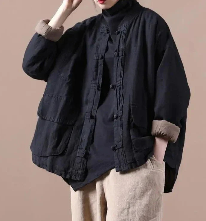 Quilted Ethnic Style Cotton And Linen Coat Mssaz Desses