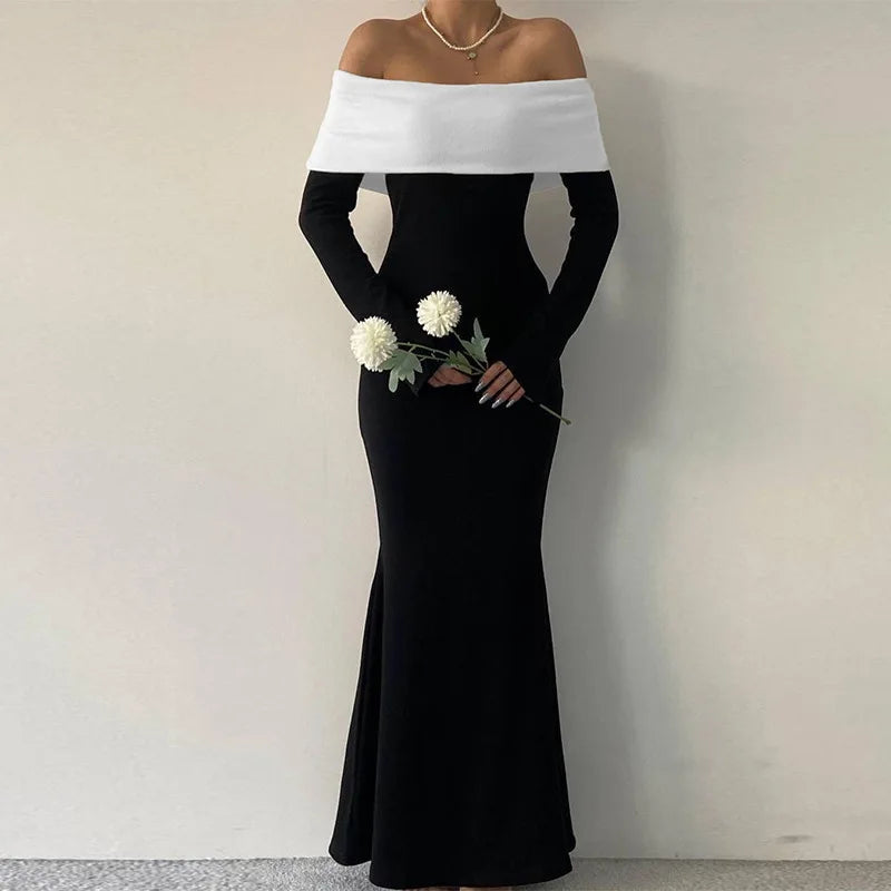 Black & White Off-the-Shoulder Maxi Dress with Long Sleeves Mssaz Desses