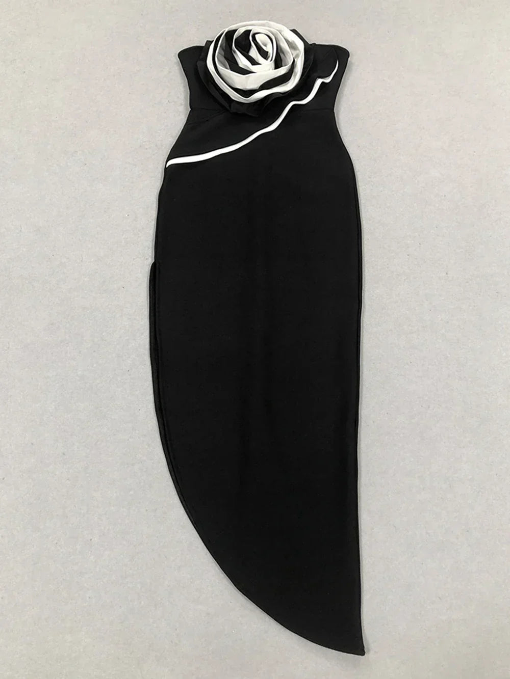 3D Flower Strapless Asymmetric Black Maxi Dress Mssaz Desses