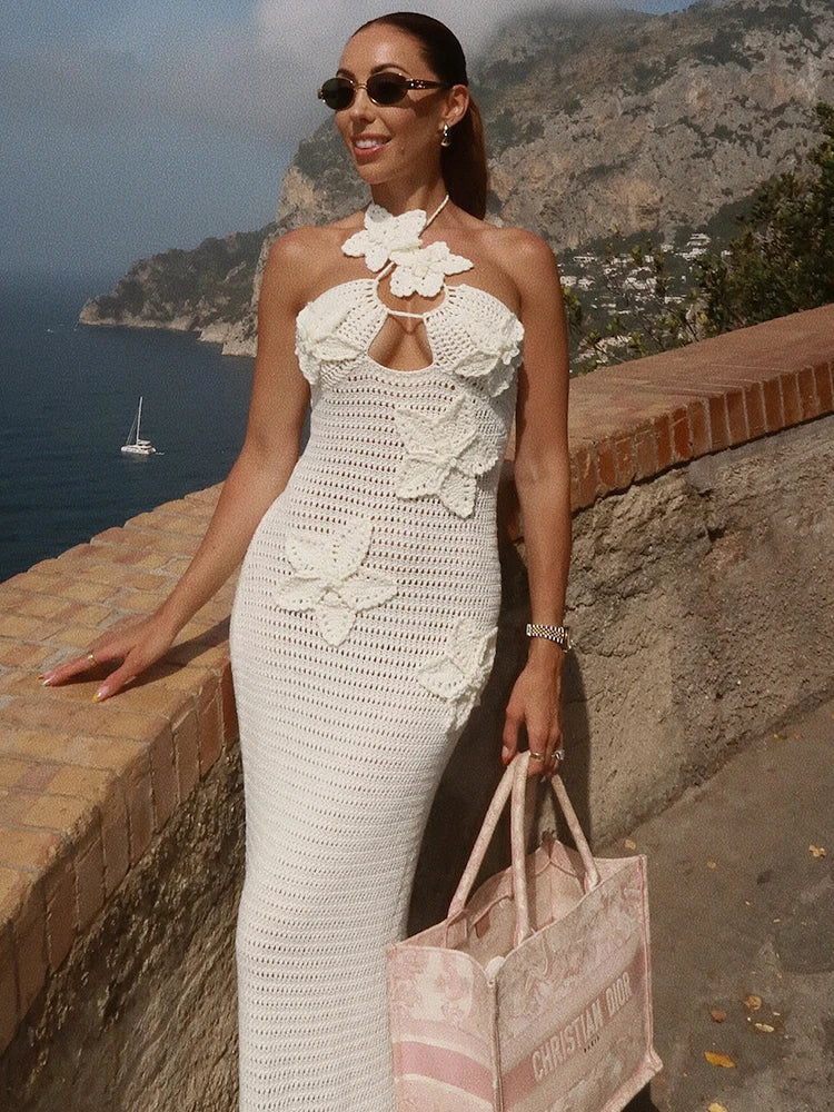 Knit Crochet Flower Applique Halter Maxi Dress Mssaz Desses