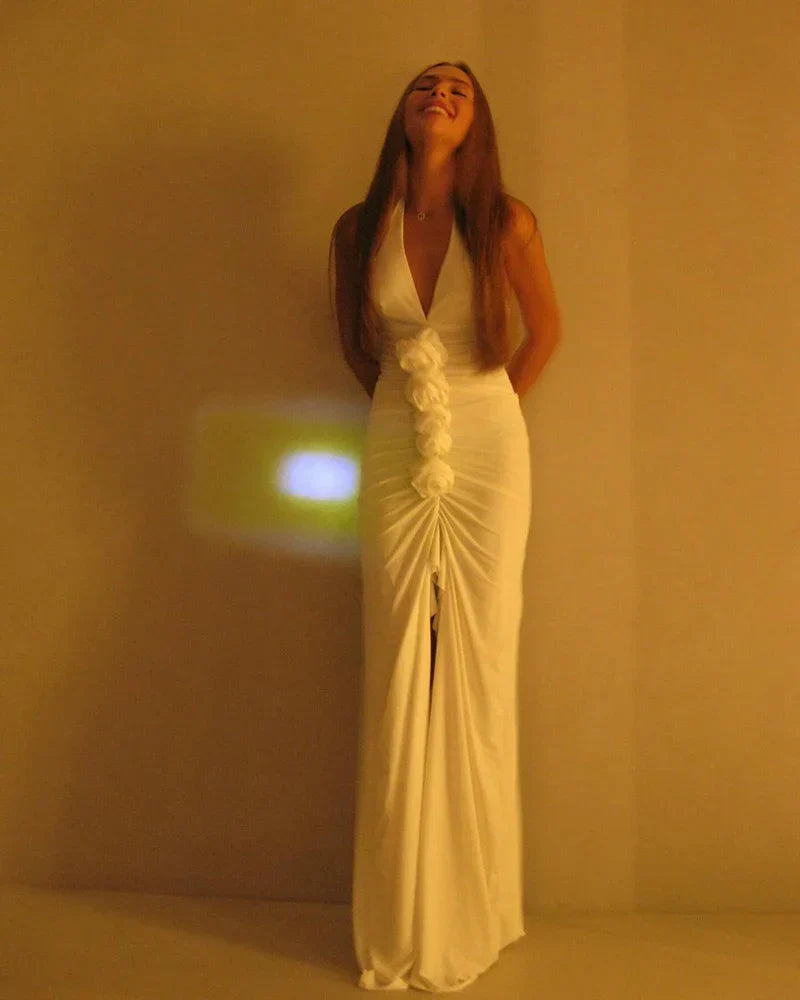 White Floral Halter Sleeveless Ruffled Long Dress Mssaz Desses