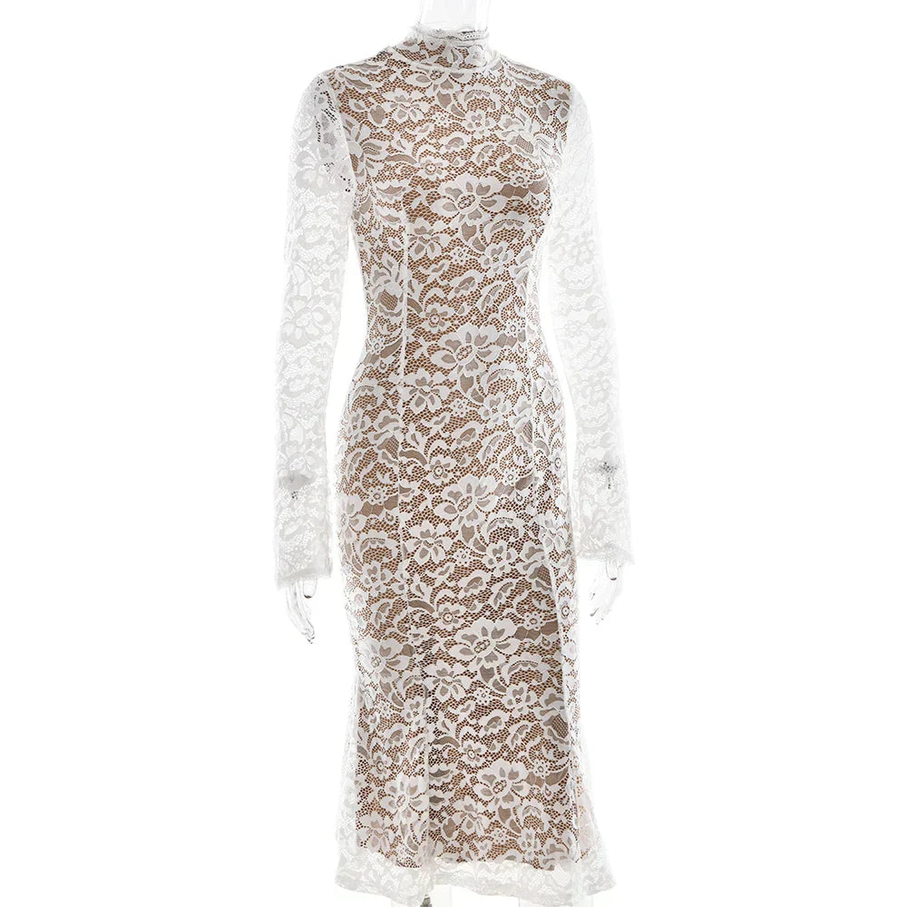 Lace White Long Sleeve Turtleneck Dress Mssaz Desses