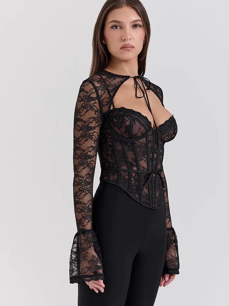 See Through Lace Pattern  Long Sleeve Print Floral Two Piece Tops Mssza