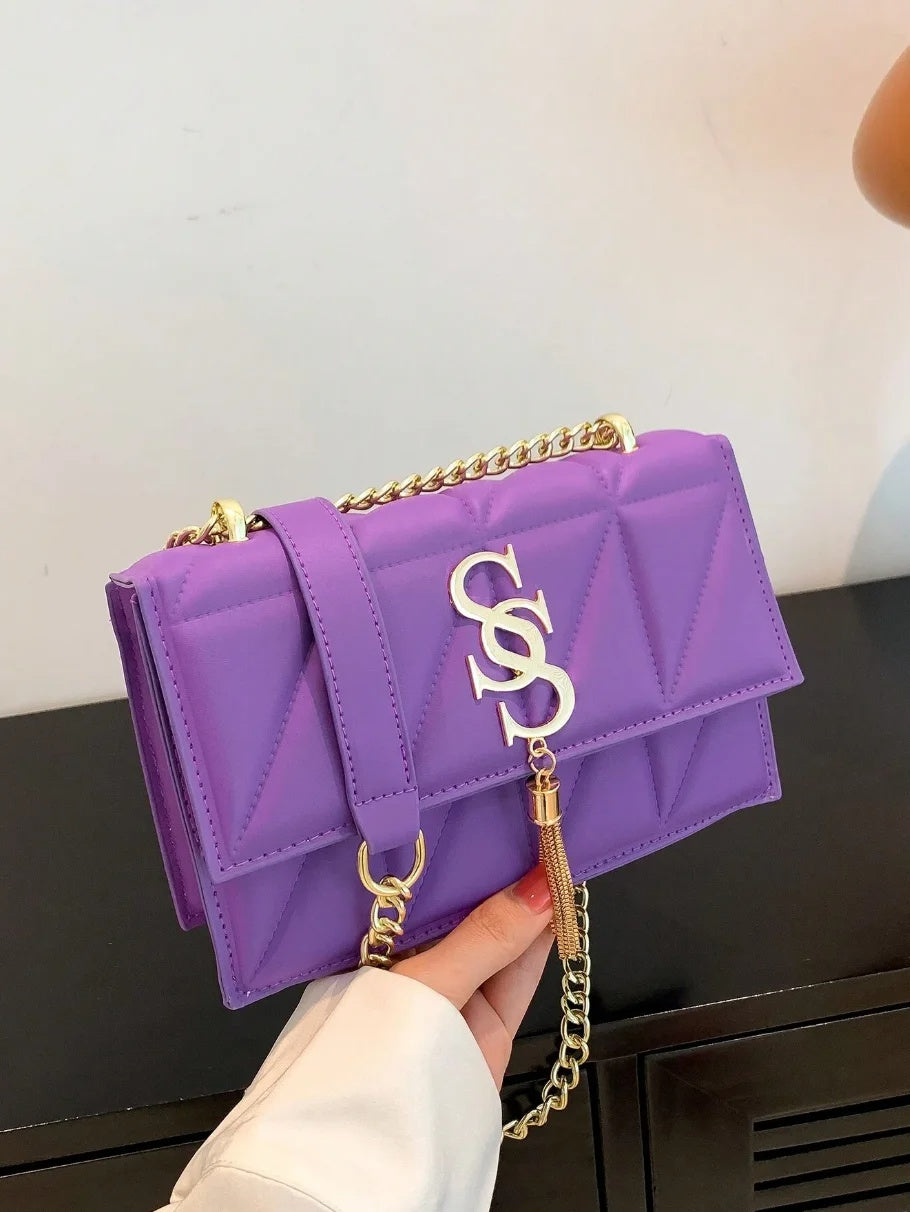 Metal Tassel Ornament Small Square Plaid Stitching Crossbody Bag Mssza
