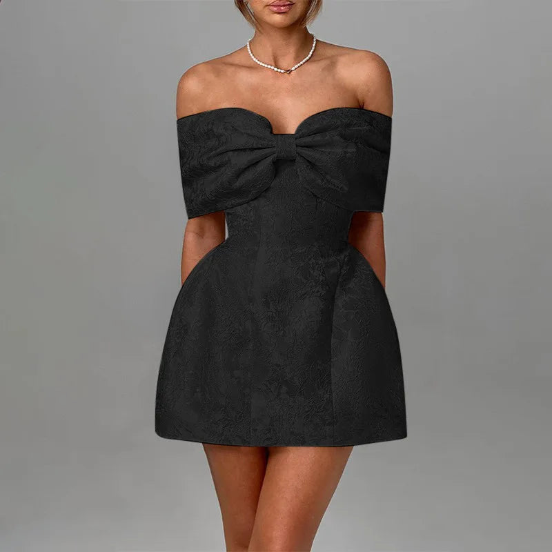 Bow Off Shoulder Backless A-line Jacquard Party Dress Mssaz Desses