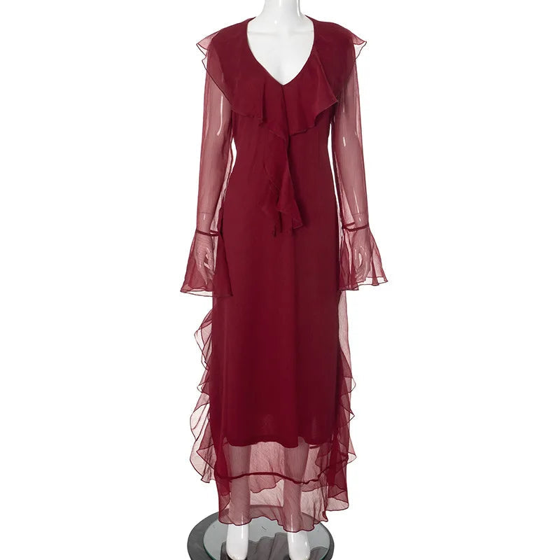 Ruffles Red Flare Sleeve Maxi Dress Mssaz Desses