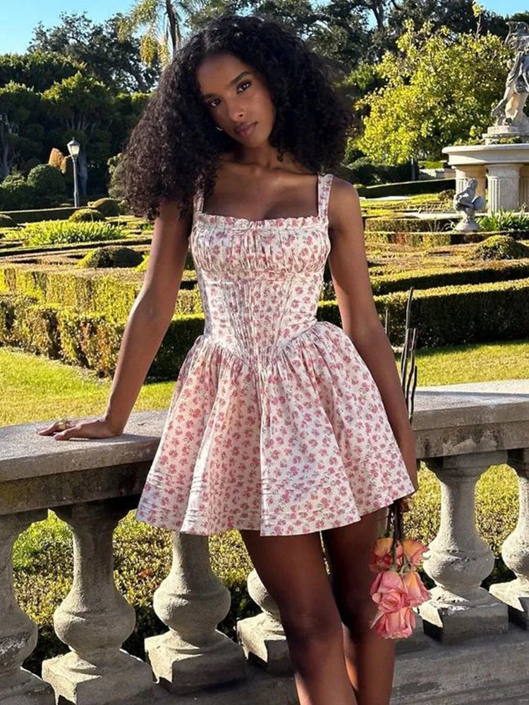Flower Printed Open Back A-line Corset Mini Dress Mssaz Desses
