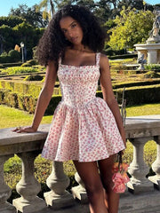 Flower Printed Open Back A-line Corset Mini Dress Mssaz Desses