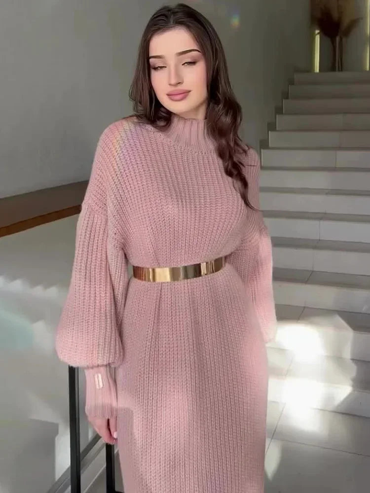Turtleneck Pullover Solid Sweater Dress With Belt Mssaz Desses