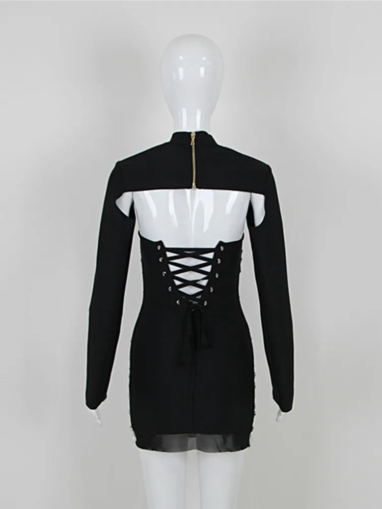 Turtleneck Beading Rhinestone Black Mini Dress Mssaz Desses