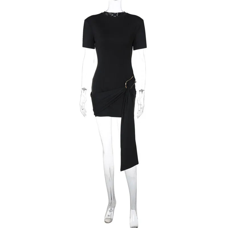 Short Sleeve Draped Black Metal Buckle Mini Dress Mssaz Desses