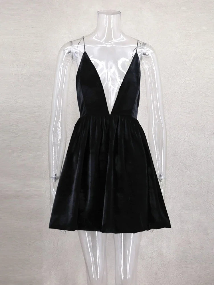 Velvet Deep V Neck Mini Lantern Dress Mssaz Desses