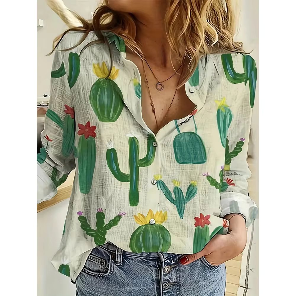 Trendy Single-Breasted  Cactus Print Casual Basic Tops Mssza