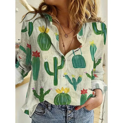 Trendy Single-Breasted  Cactus Print Casual Basic Tops Mssza