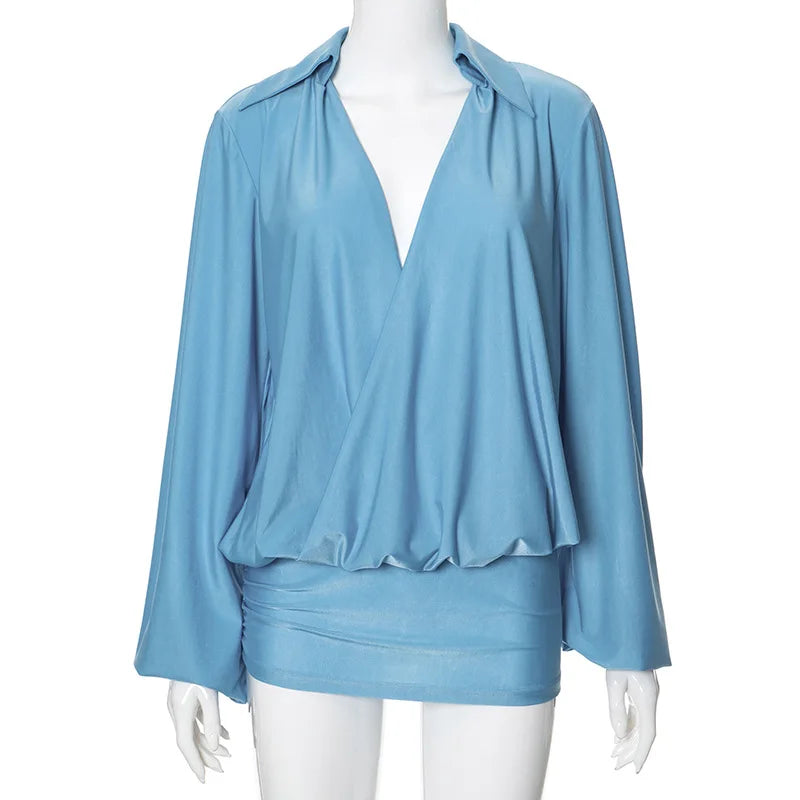 Plunge Long Sleeve Solid Color Mini Dress Mssaz Desses