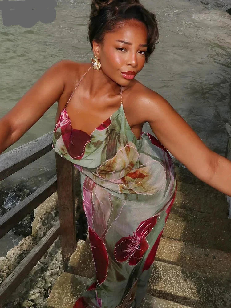 Floral Print Backless Halter Dress with Split for Women Mssaz Desses