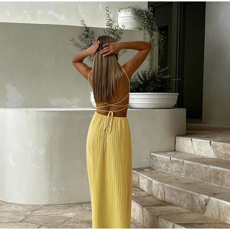 Lace Up Solid Color Open Back Long Dress Mssaz Desses