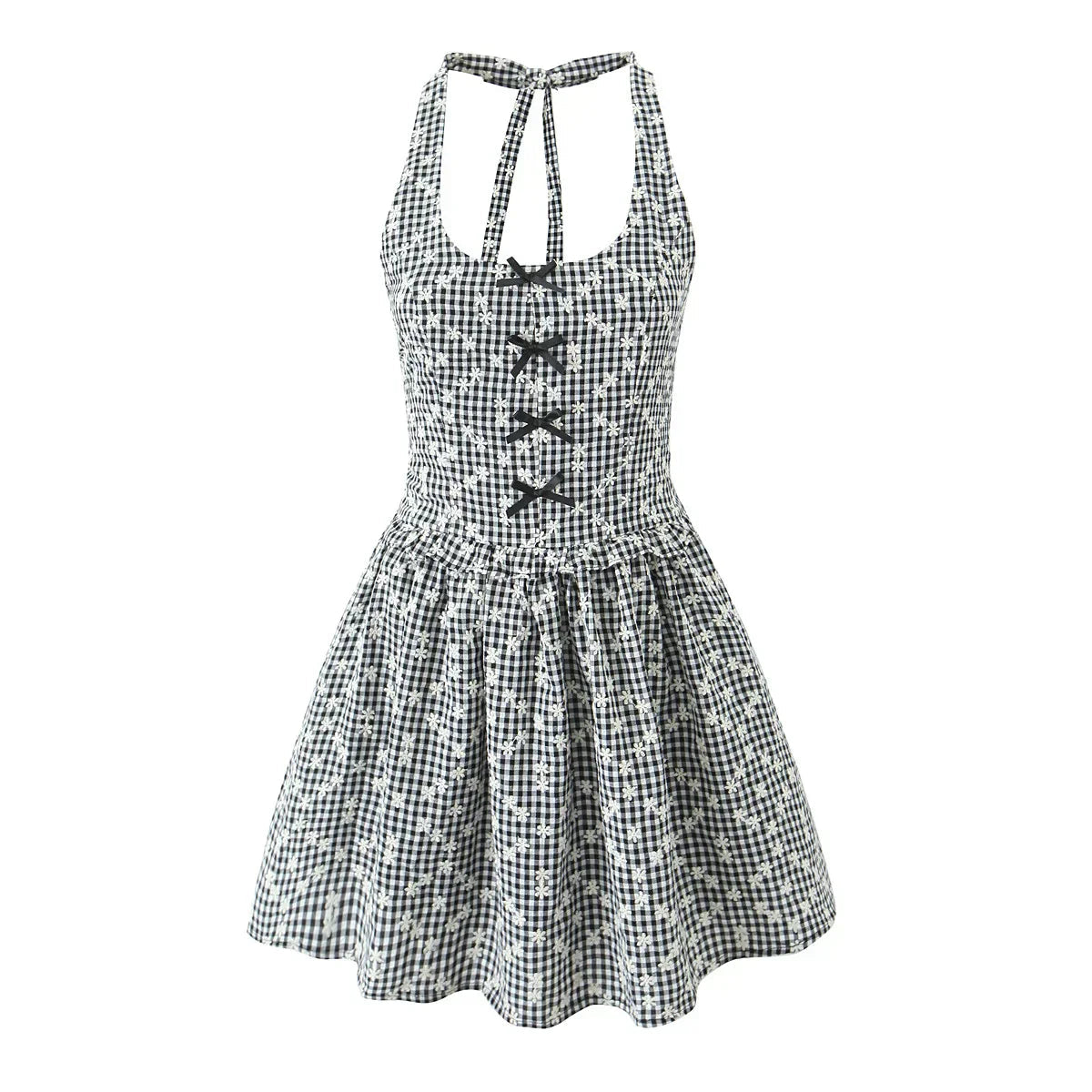 Gray Embroidery White Flower Bow Halter Mini Dress Mssaz Desses