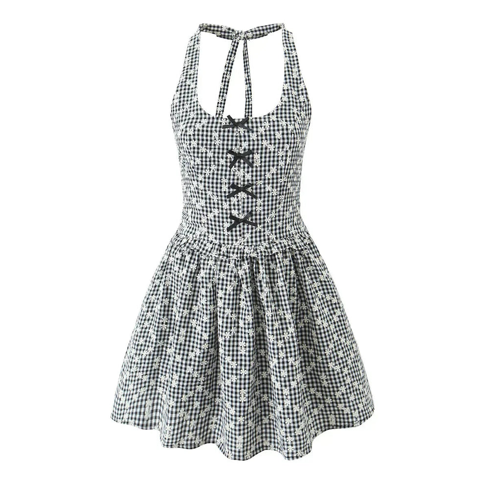 Gray Embroidery White Flower Bow Halter Mini Dress Mssaz Desses