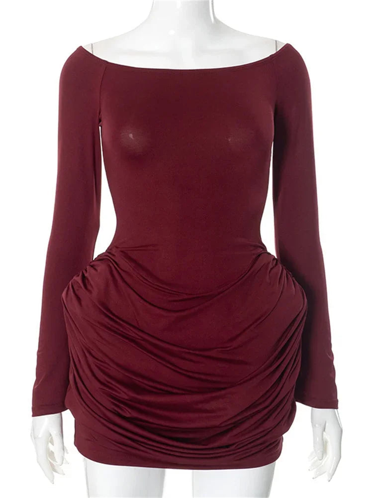 Pleated Off-Shoulder Long Sleeve Mini Dress Mssaz Desses