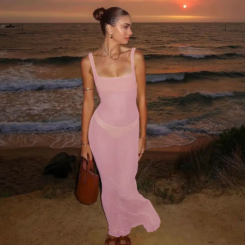 Mesh Square Neck Open Back Solid Long Dress Mssaz Desses