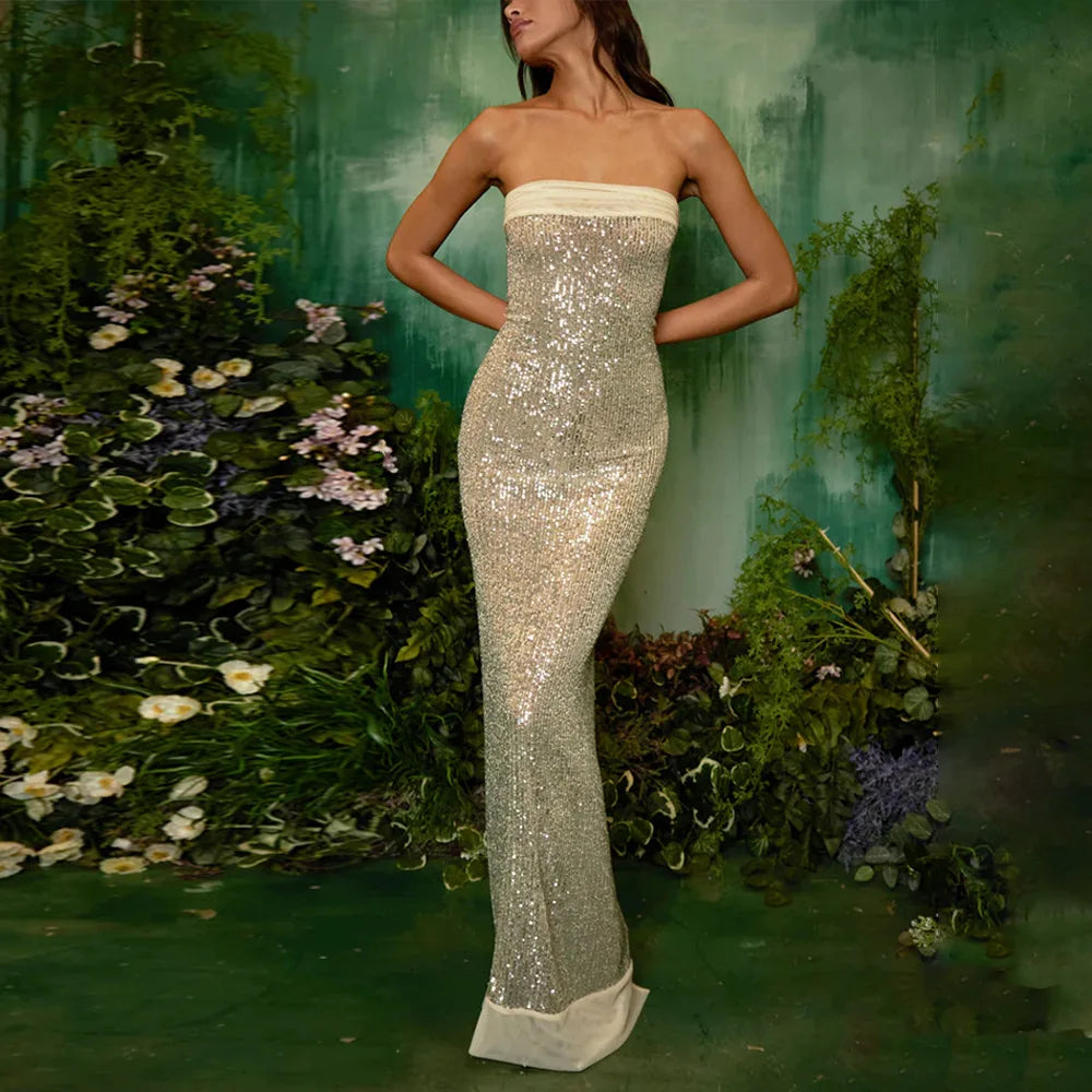 Strapless Sequin Slit Backless Dress Mssaz Desses
