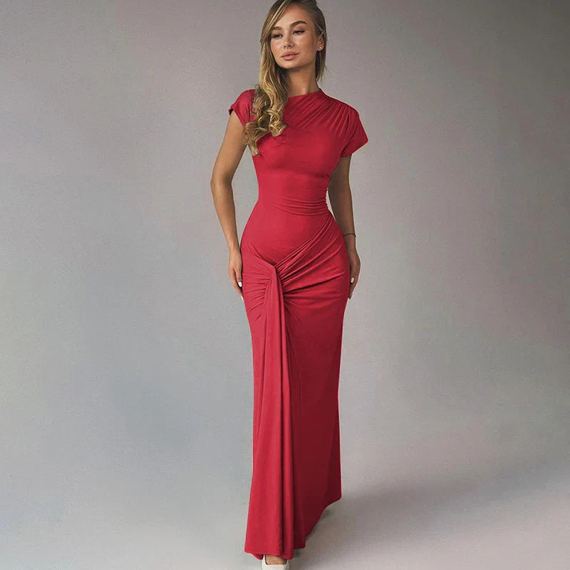Short Sleeve Maxi Dress Curvy Silhouette & Flattering Tie-Up Mssaz Desses