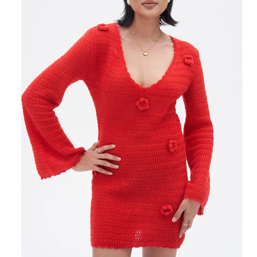 3D Flower Hand Crotch Full Flare Sleeve Sweater Dress Mssaz Desses