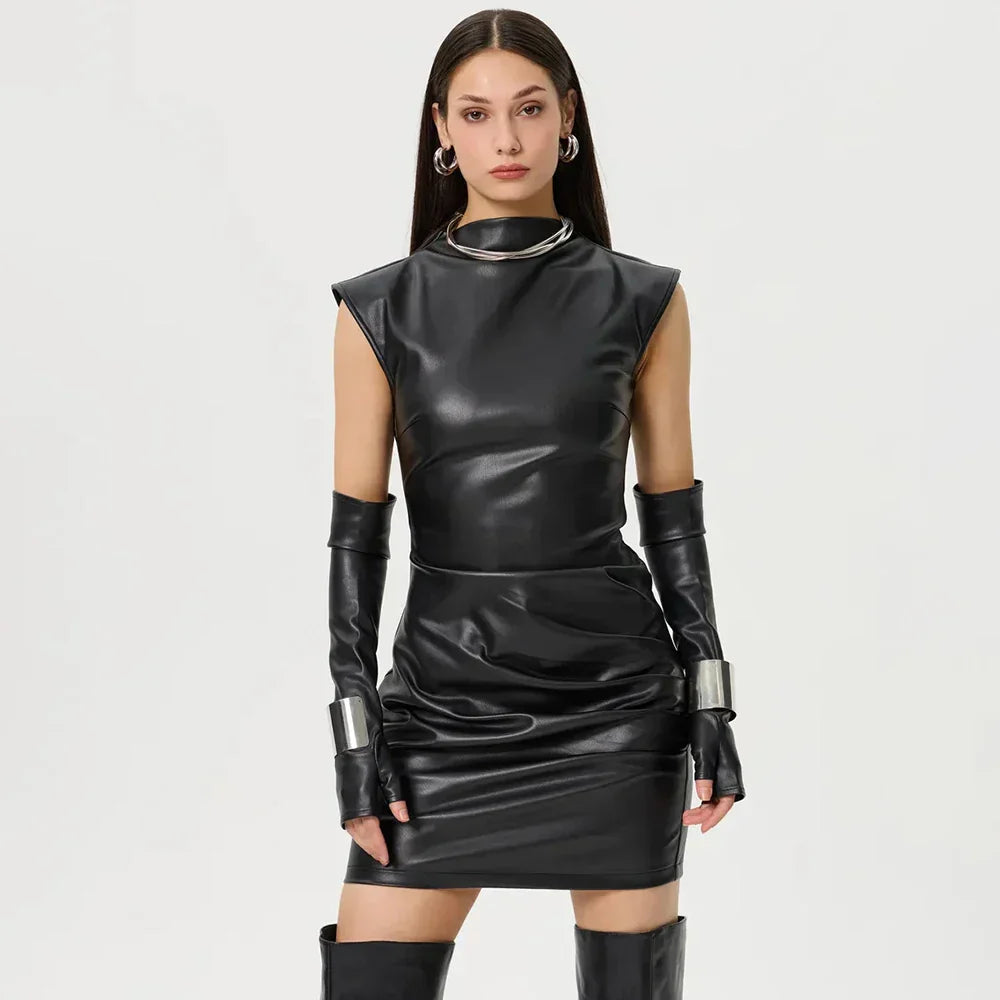 Faux Leather Zipper Sleeveless Short Dress With Gloves Mssaz Desses