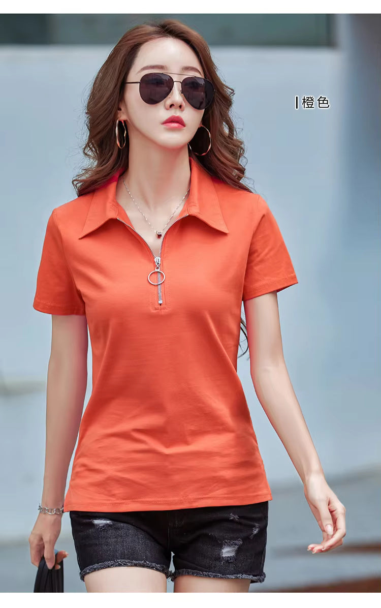Elegant Style Zipper Neck Short Sleeve Polo Cotton  T Shirt Mssza