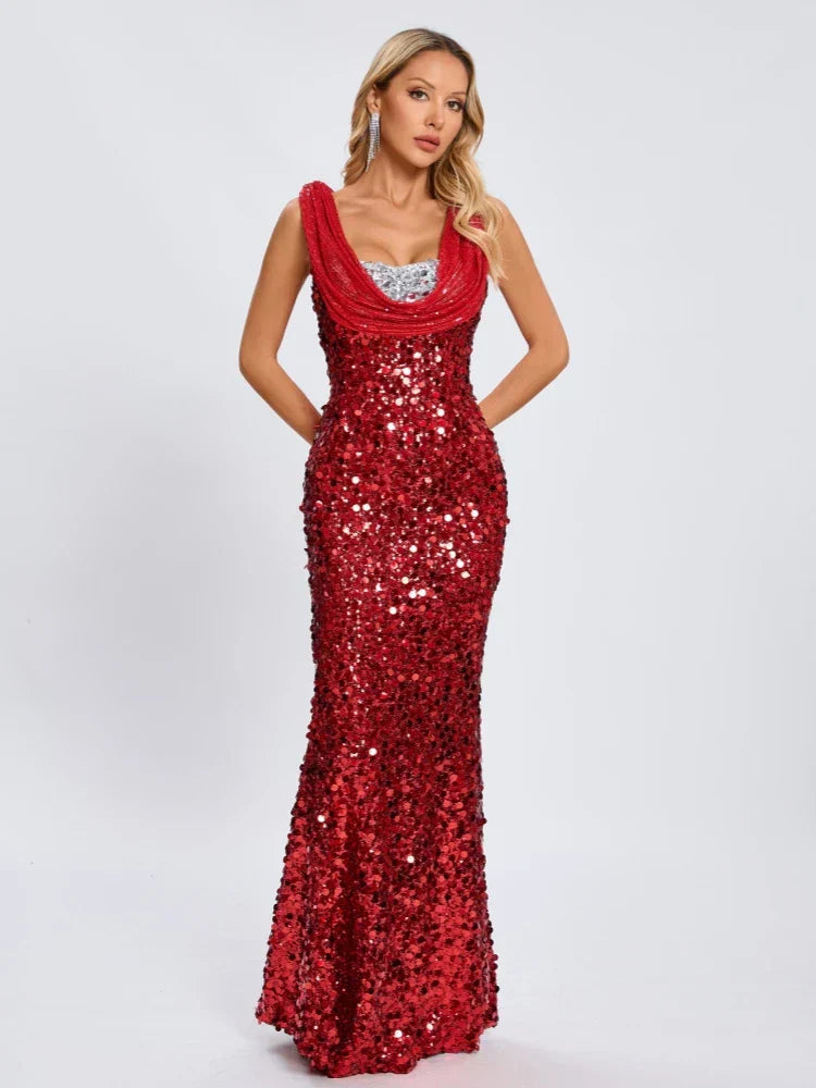 Swinging Neck Sequins Red Long Dress Mssaz Desses
