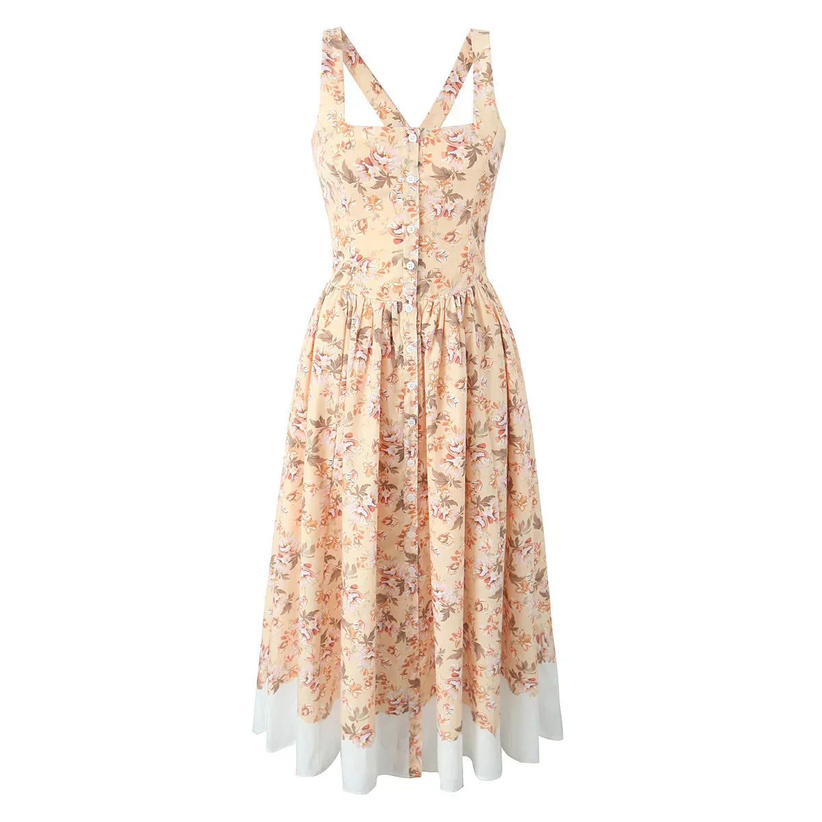 Slash Collar Flower Print Corset Style Pleated Midi Dress Mssaz Desses