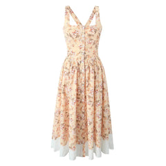 Slash Collar Flower Print Corset Style Pleated Midi Dress Mssaz Desses