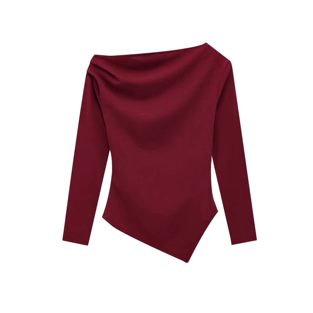 Pleated lim Elasticity Asymmetrical Slant Collar Casual Collar Tops Mssza