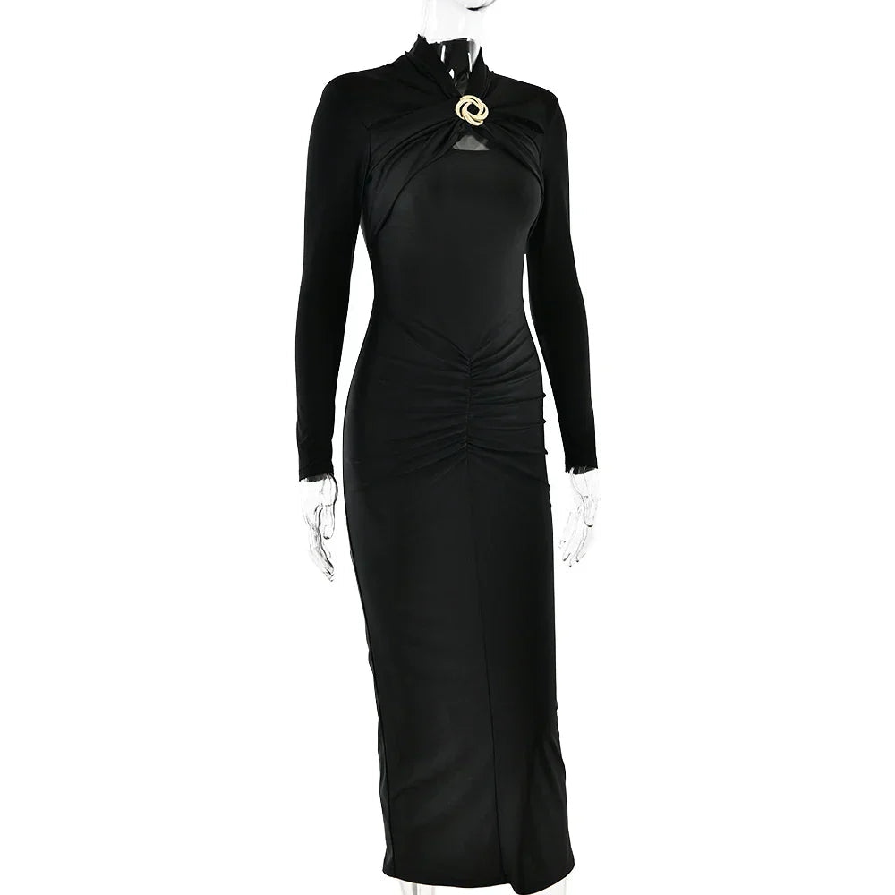 Long Sleeved Pleated Hollowed Out Maxi Dress Mssaz Desses