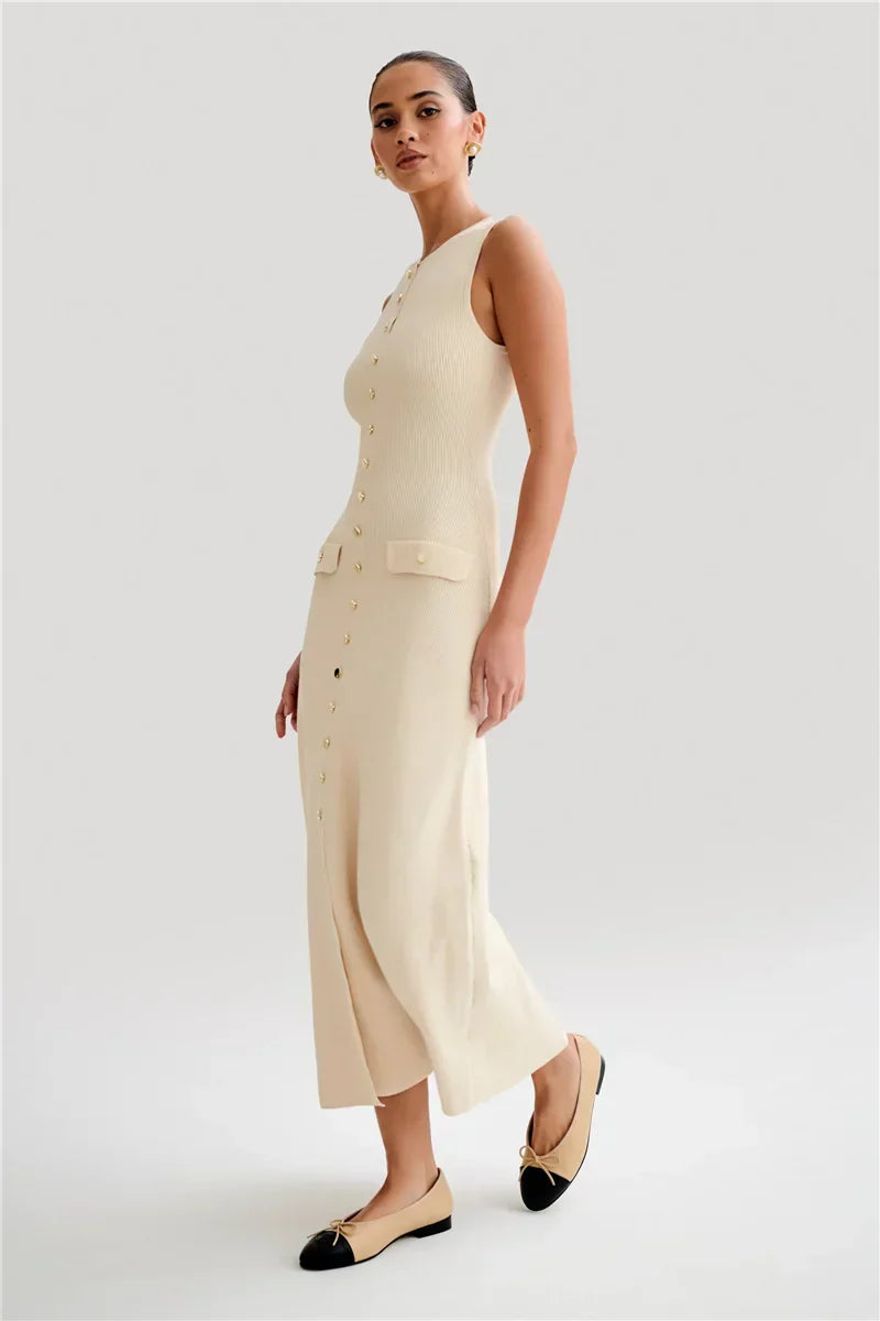 Knit Maxi Dress with Pockets Button-Front Mssaz Desses