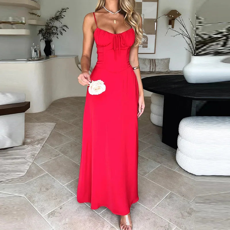 Spaghetti Strap Solid Fit and Flare Long Dress Mssaz Desses
