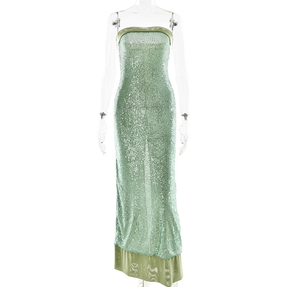 Strapless Sequin Slit Backless Dress Mssaz Desses