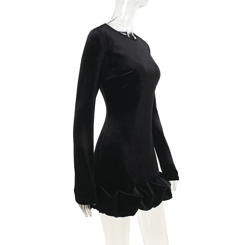Velvet 3D Pleated Hem Long Sleeve Dress Mssaz Desses
