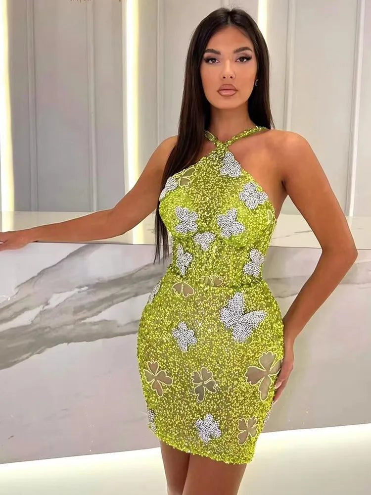 Sleeveless Mesh Sequins Butterfly Mini Dress Mssaz Desses