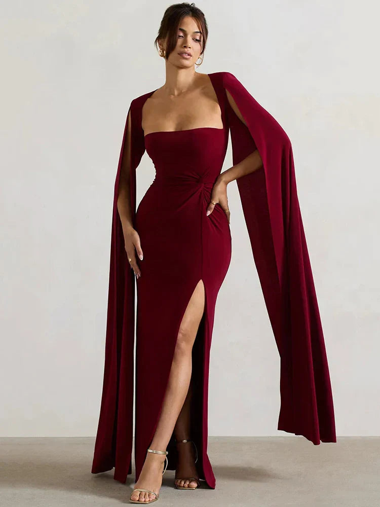 Elegant Cape Sleeve Maxi Dress with High Split Mssaz Desses