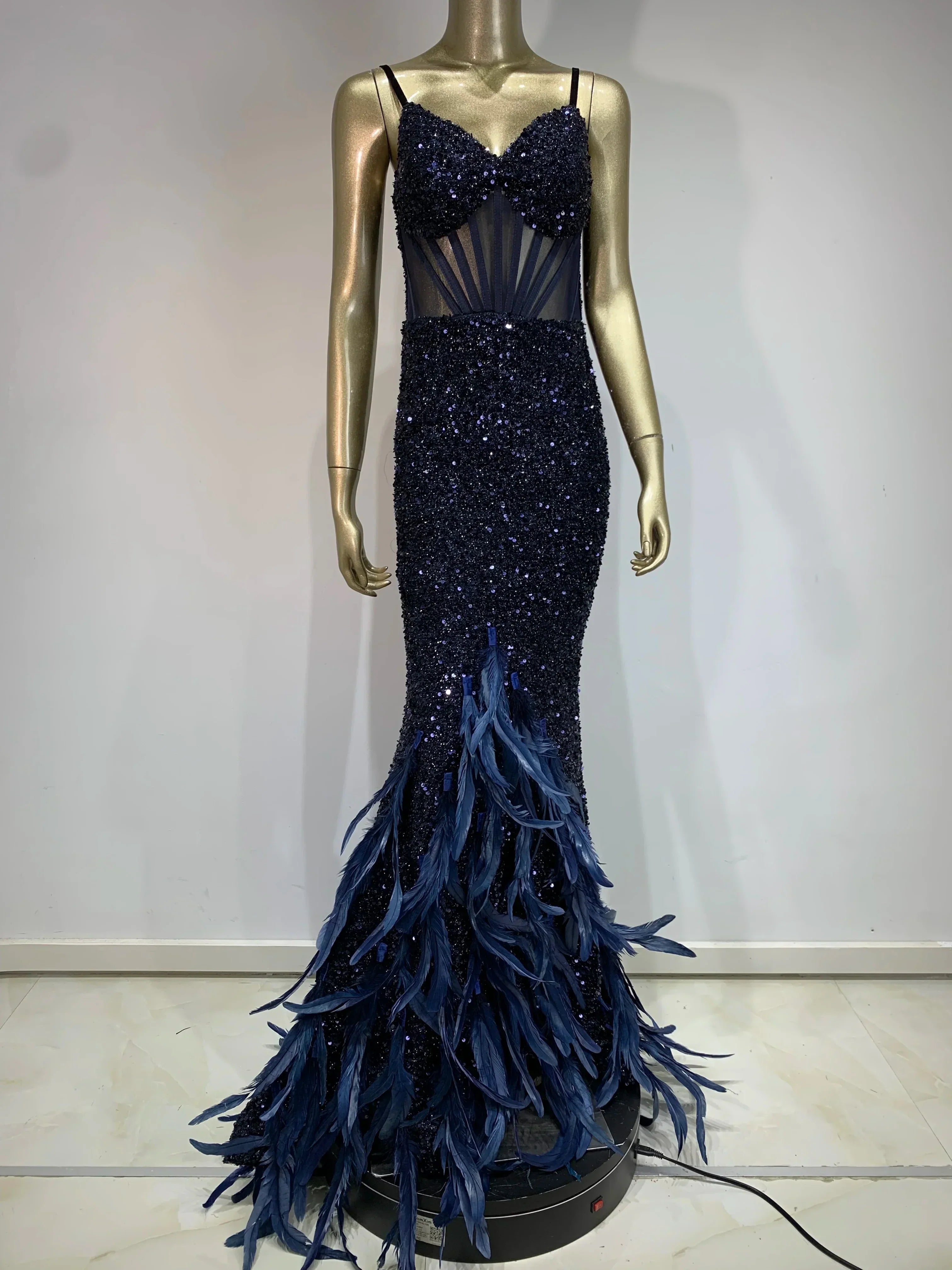 Mesh Sequins Blue Feather Long Dress Mssaz Desses
